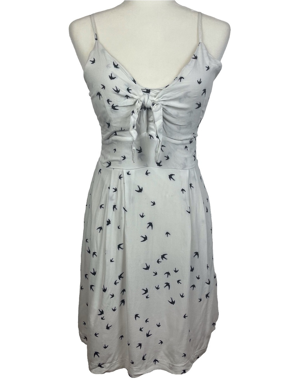 Purple Snow Rayon Dress White/Black Birds Front Tie Lined Sundress Size Large
